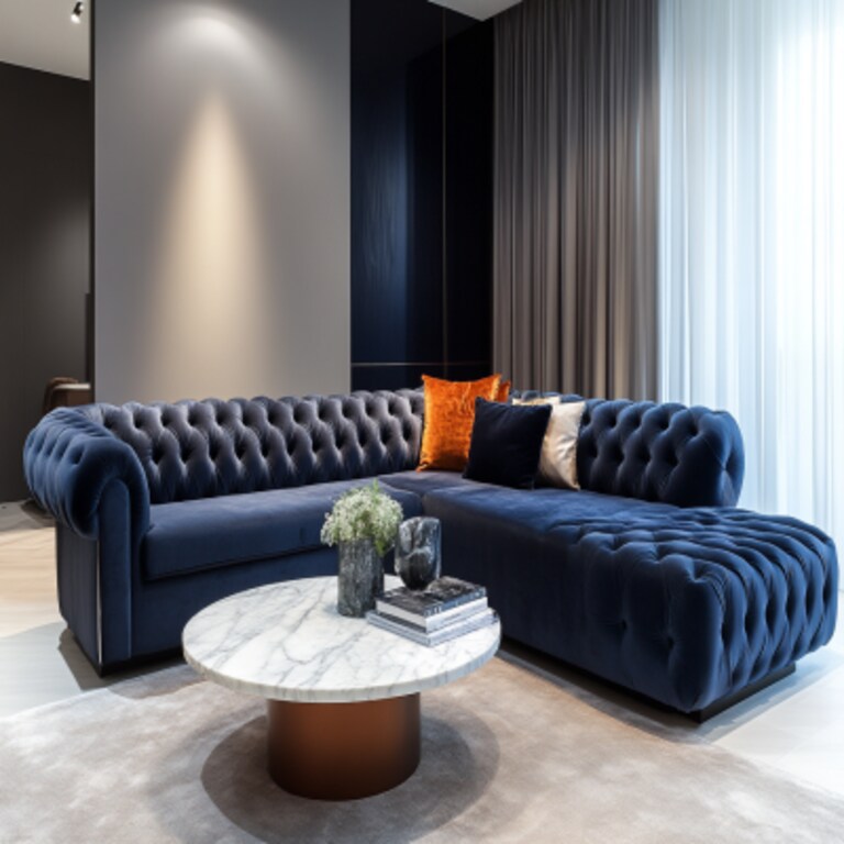 Modern Living Room Design with Chesterfield L-shaped Sofa and Marble Table